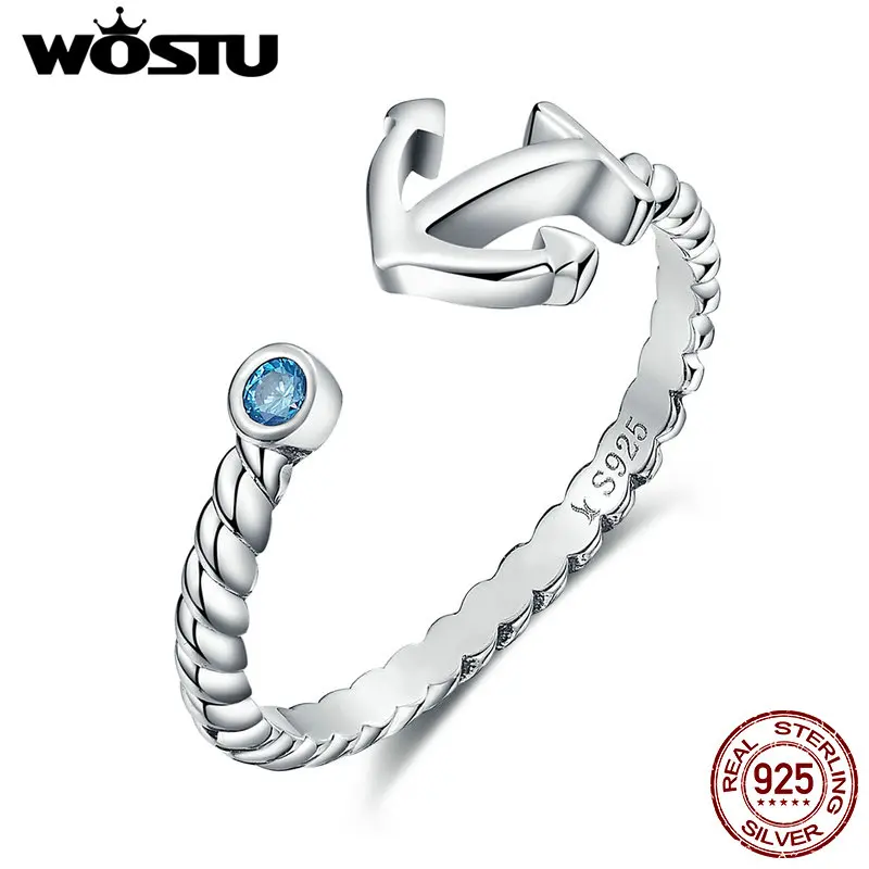 

WOSTU Real 100% 925 Sterling Silver Call Of Sea Trendy Anchor with Blue Cubic ZirBHn Open Finger Rings For Women Jewelry BKR070