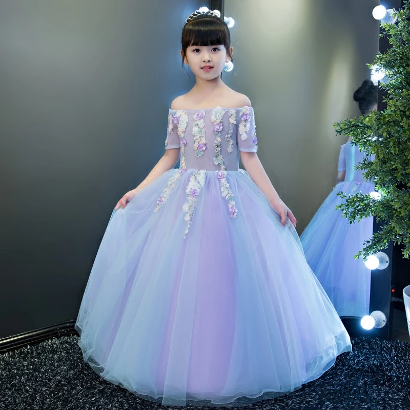 

2017Hot-sales Children Girls Half Sleeves Flower Princess Party Long Dress For Wedding Birthday Kids Piano Playing Costume Dress