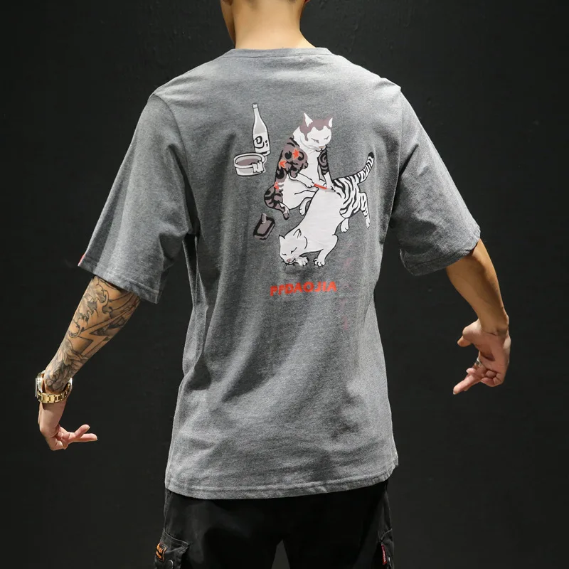 Gray T-shirts Летние мужские футболки, забавные японские Ukiyo-E тату Кот, топы, футболки для мужчин в стиле хип-хоп, Повседневная Уличная одежда, хлопковые футболки - Color: Gray T-shirts