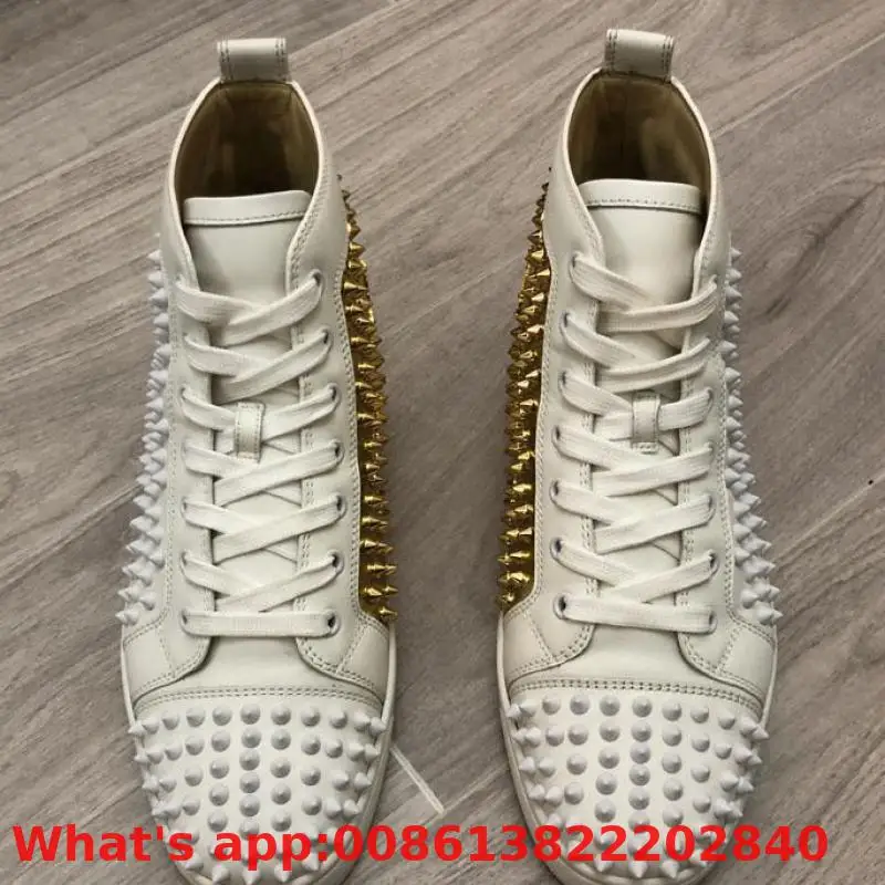 

Lace-up Leather Red Bottoms High Top Sneaker For Man Shoes White Rivet Whole Casual Shoe Couple Models Flat Loafers