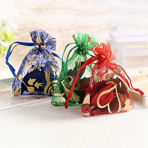 

100pcs/lot Wedding Christmas Gift Bag Jewelry Packaging Bags Pouches Drawable Flower Small Organza Bags Favor 7x9cm; 10x12cm