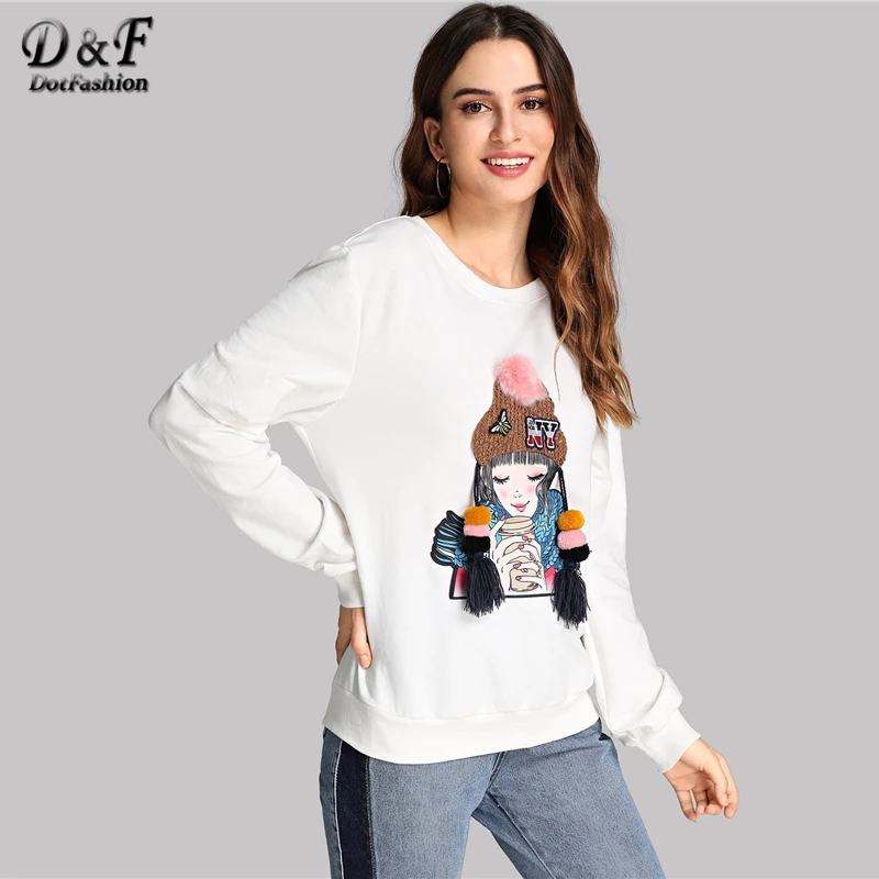 Dotfashion الأبيض شرابة التفاصيل الشكل طباعة السترة عارضة فو الفراء بوم بوم طويل كم بلوزات النساء الخريف الحد الأدنى أعلى