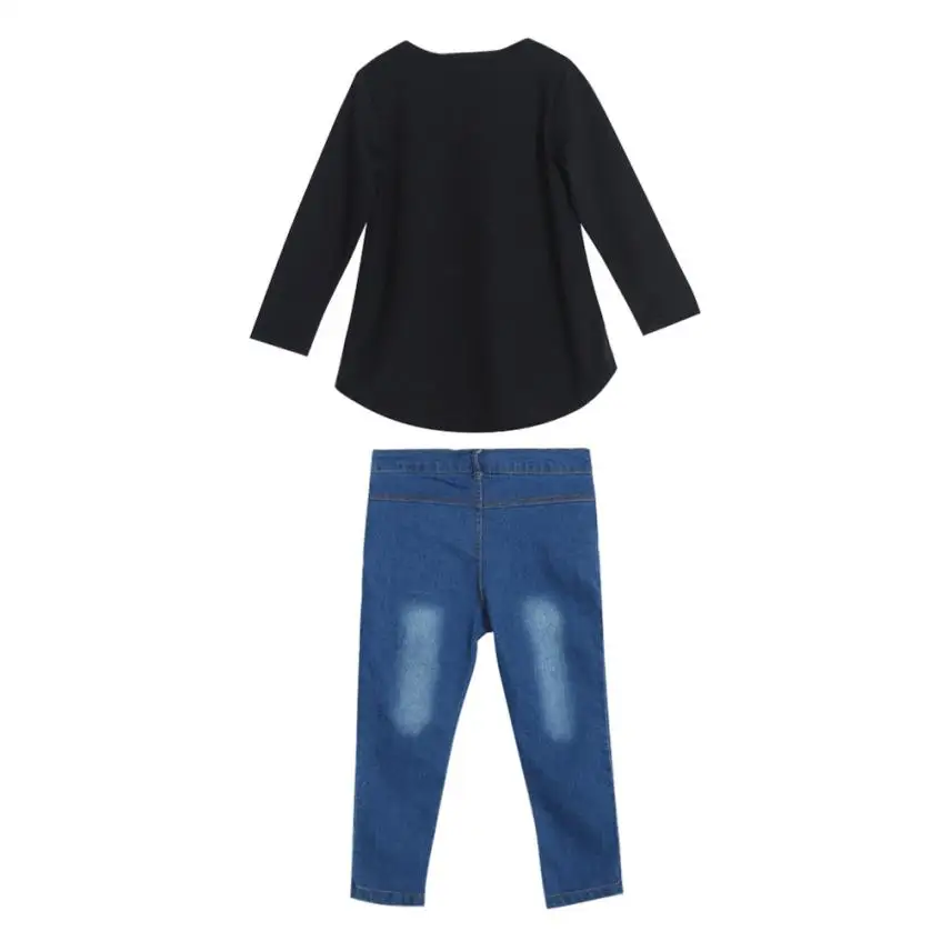 Одежда для маленьких девочек; футболка с длинными рукавами+ джинсовые штаны; 1 комплект; Модная одежда для девочек; July24