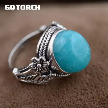 

GQTORCH Natural Amazonite Stone Rings For Women 925 Silver Jewelry Vintage Antique Style Flower Engraved Thai Silver Process