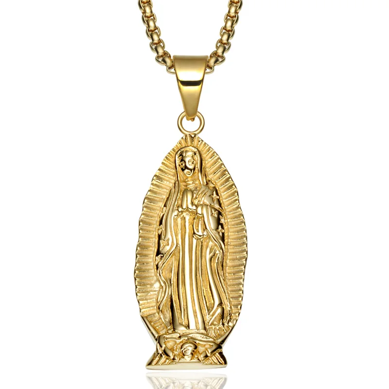Gold Color Virgin Mary Necklaces Pendants for Men Stainless Steel Prayer Catholic Maria Cross