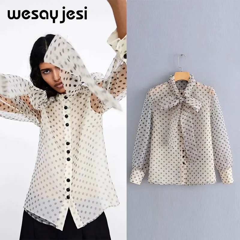 

2019 womens tops and blouses england style blouse long sleeve dot print bow neck See-through women summer tops blouse women