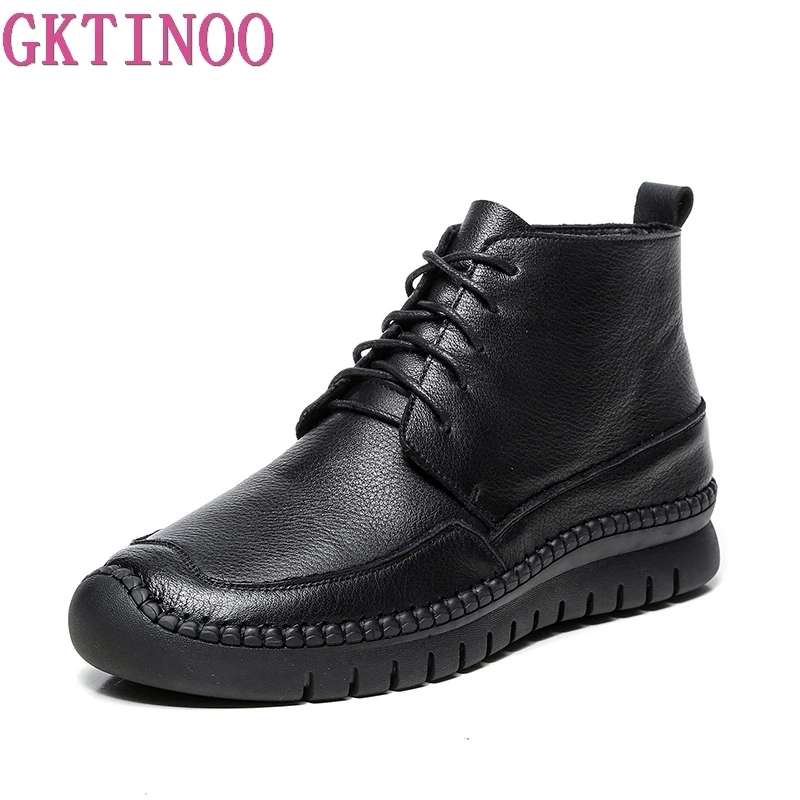 

GKTINOO Boots Genuine Leather Shoe Lace-Up Handmade Original Retro Round Toe Flat Boots Female Leisure Women Ankle Boots