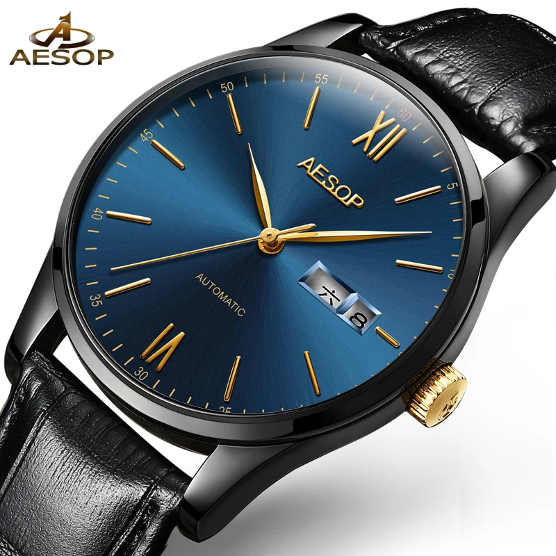 

AESOP Ultra Thin Gold Watch Men Automatic Men's Wrist Watches Mechanical Watch Leather Male Clock Men Relogio Masculino