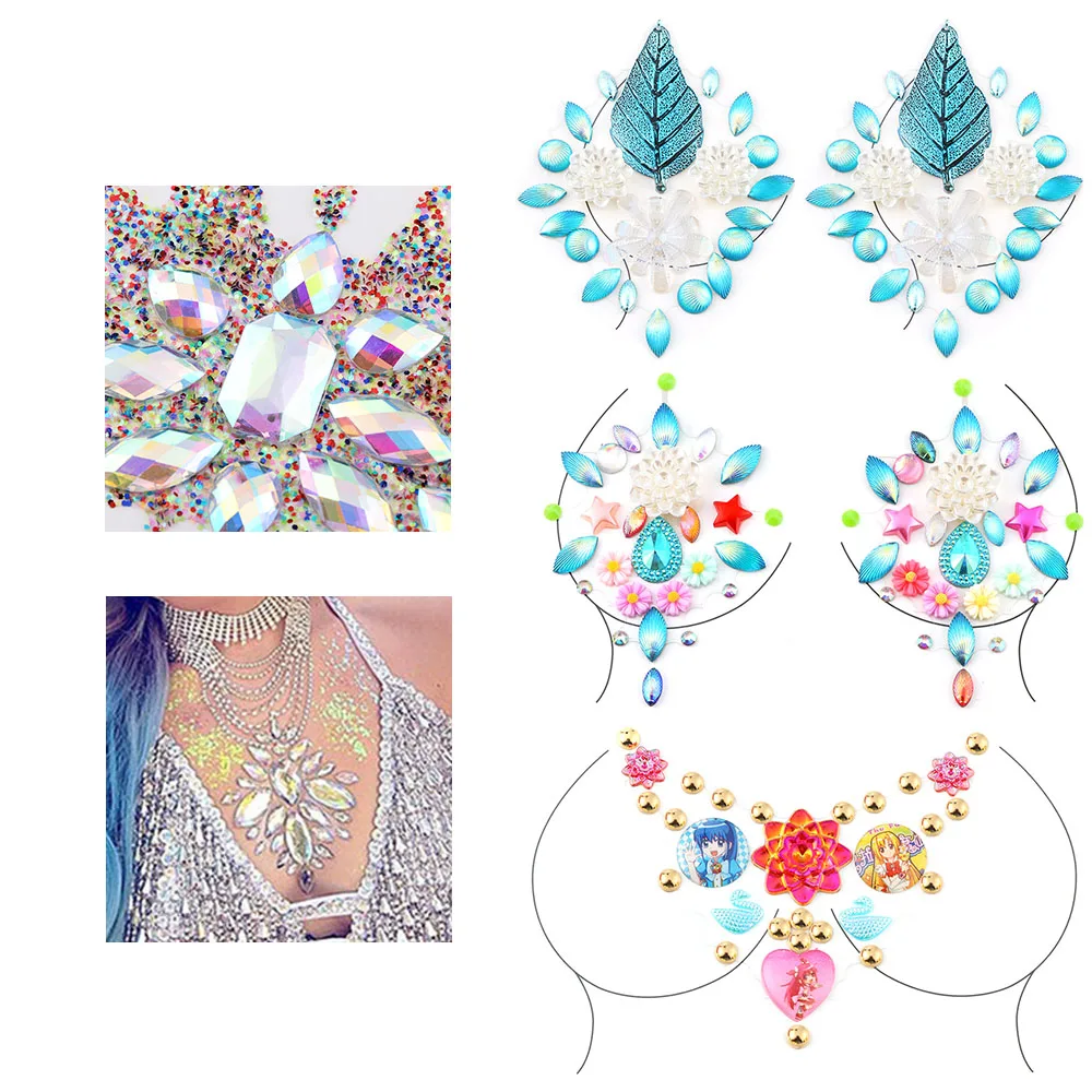

5 Styles New Crystal Festival Gems Party Makeup Stickers Adhesive Sticky Gems Sticker Makeup Face Boob Jewel For Body Art