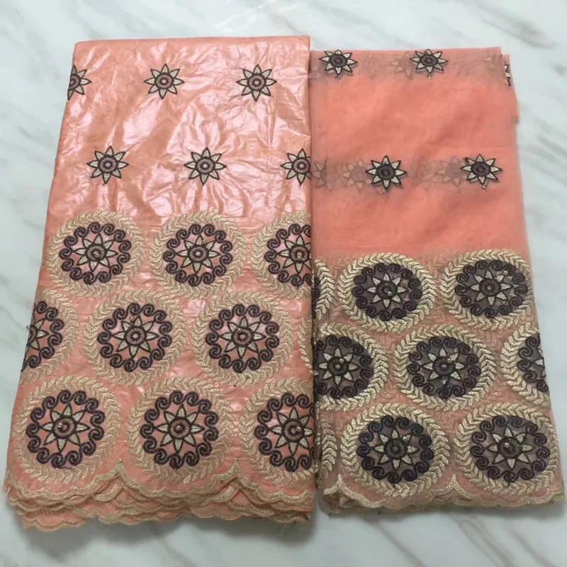 

(5+2 yards /set) high quality peach color African bazin lace fabric with embroidery and beads plus net lace set for dress BLS31