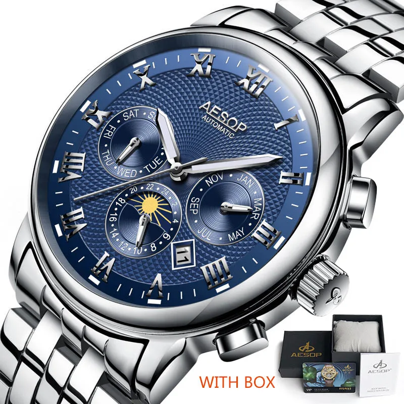 AESOP модные мужские часы, мужские автоматические механические синие наручные часы, мужские часы из нержавеющей стали, мужские часы, коробка 31 - Цвет: 9016 blue with box