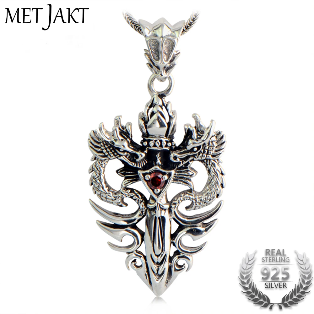 

MetJakt Punk 925 Silver Double Dragon & Sword Pendant with Ruby and Sterling Silver Snake Chain Necklace Men's Necklace Jewelry