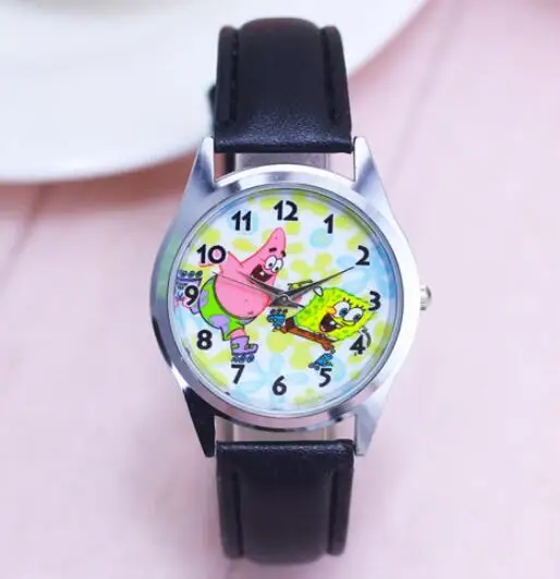 Новые детские модные крутые кварцевые наручные часы с изображением Губки Боба для мальчиков и девочек, студенческие модные часы с кожаным ремешком - Цвет: 5