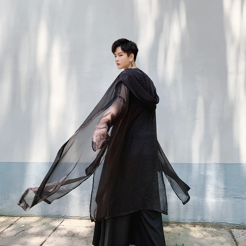 

Male Women Streetwear Punk Gothic Cardigan Outerwear Men Summer Long Style Hooded Trench Coat Thin Mesh Sunscreen Shirt Jacket