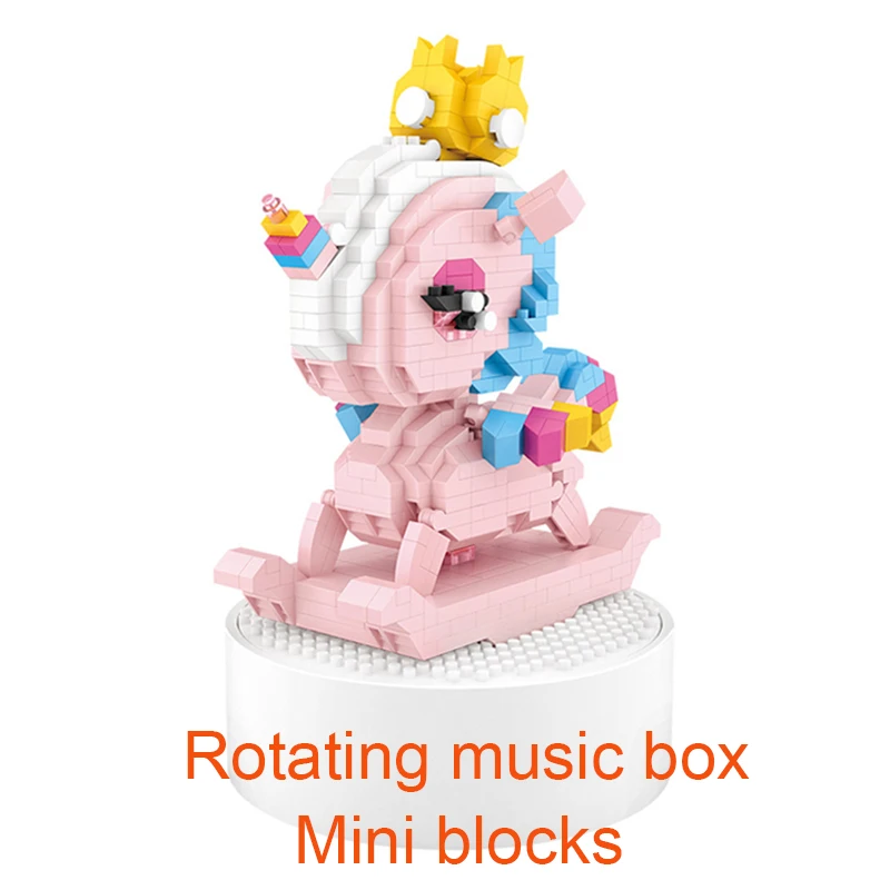 

Unicorn Rotating Music Box Building Blocks Mini Cartoon Angel Spell Inserting Block Miniature Building Toy For Kid Creative Gift