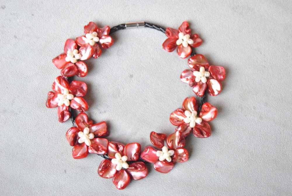 

Red MOP Shell & White Cultured Pearl Nine flowers statement Bib Necklace