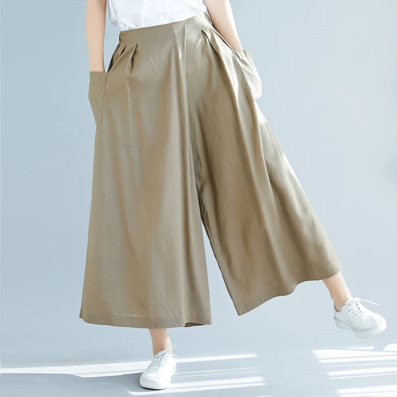 2127 летние хлопковые льняные широкие брюки-кимоно женские большие размеры свободные тонкие ретро широкие брюки с боковыми карманами Женские однотонные - Цвет: khaki