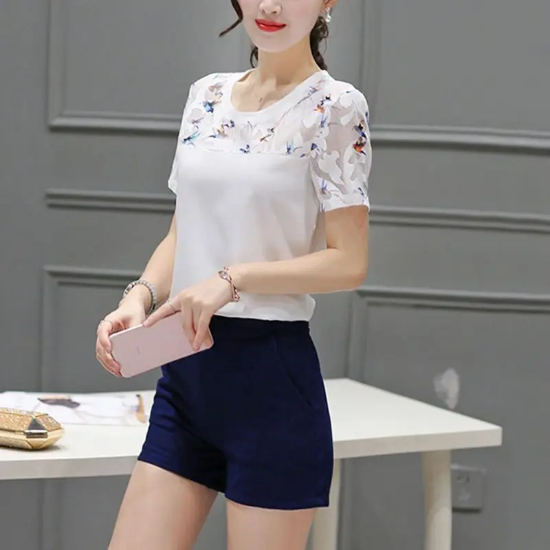 Floral Lace Blouse Women Short Sleeve Plain Blouse Summer Elegant Blouse