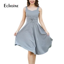 2019 New Elegant Vintage Lace Up Plaid Spaghetti Strap Summer Dress Women Strap Fit And Flare High Waist Sundress Party Vestido retro cut out plaid fit and flare dress