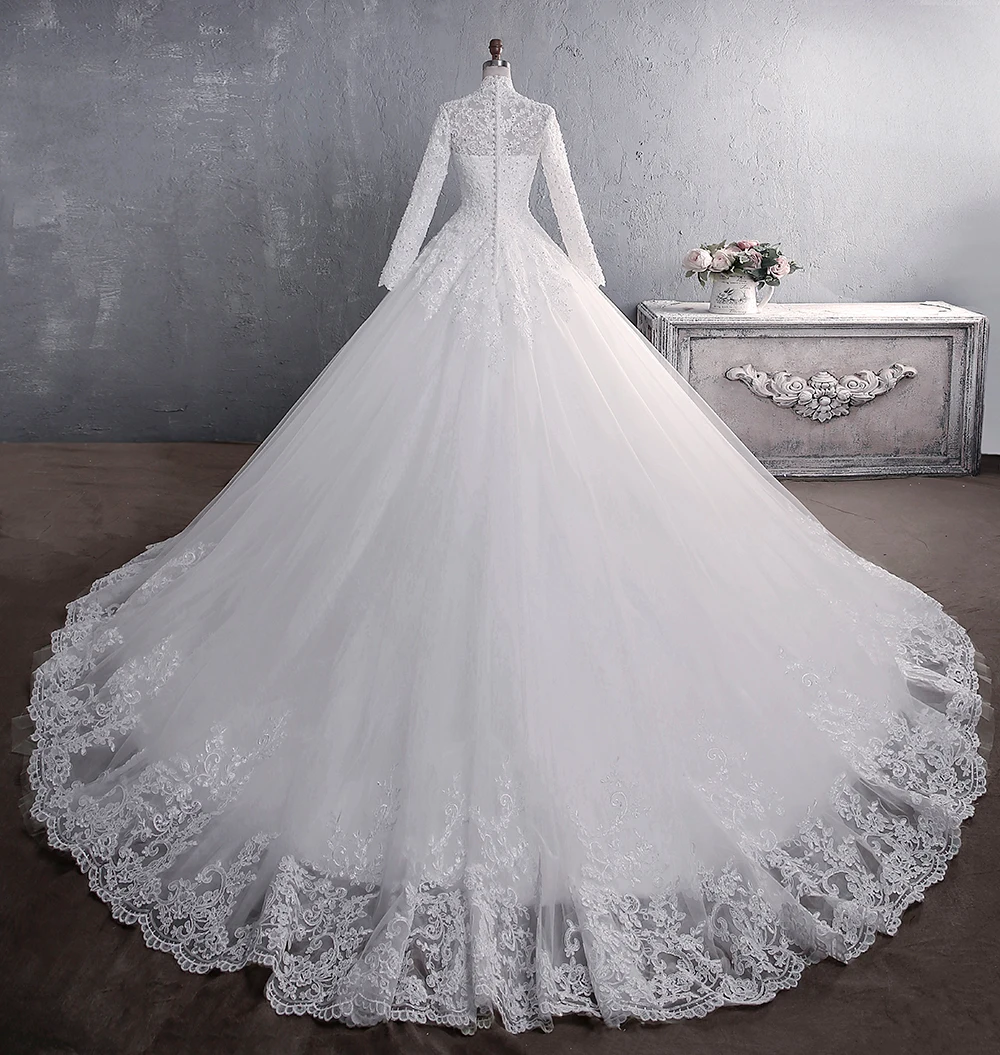 bridesmaid Vestidos De Noiva 2021 Vintage Ball Gown Long Sleeve Bridal Dress High Collar Muslim Wedding Dresses Beaded Lace Wedding Gowns traditional wedding dresses