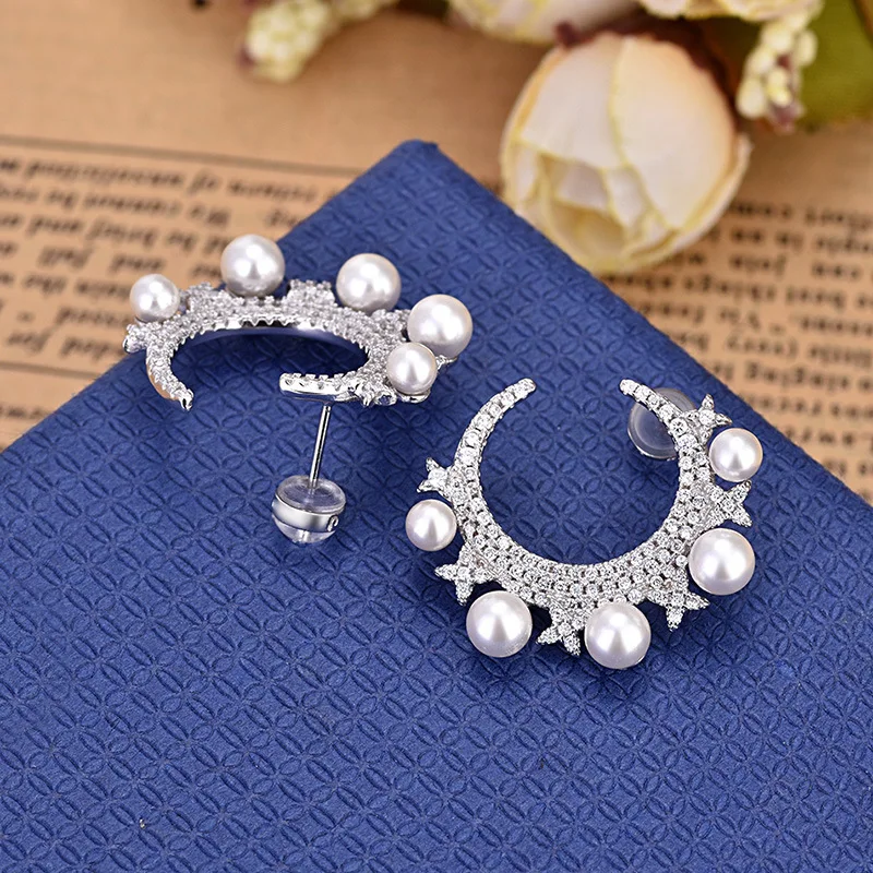 Стиль Серебряный цвет кристаллизованный Звезда Луна пресноводный жемчуг серьги для женщин Свадебные украшения ZK40
