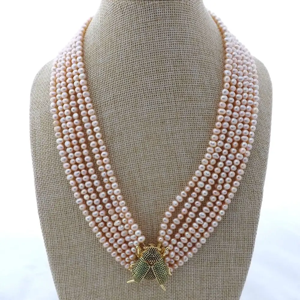 

M012908 19" 6 Strands Pink Pearl Necklace CZ Pave Beetle Connector