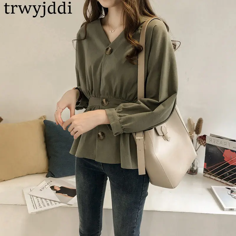 

2019 New Women's Spring Autumn Large Size V-neck Shirt Korean Loose Long-sleeved Shirts Lazy Blouse N489
