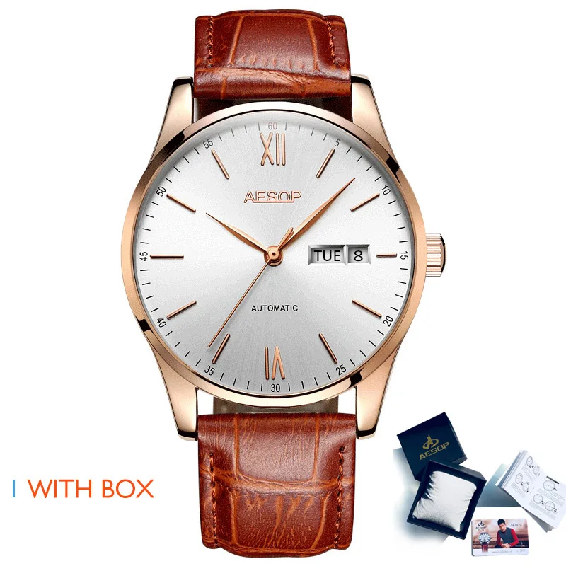 AESOP ультра тонкие золотые часы для мужчин автоматические механические мужские наручные часы наручные кожаные мужские часы Relogio Masculino - Цвет: White brown Box