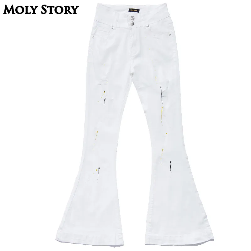 Супер! Расклешенные белые джинсы эластичные тонкие с высокой талией обтягивающие рваные джинсы женские Широкие джинсовые штаны для женщин