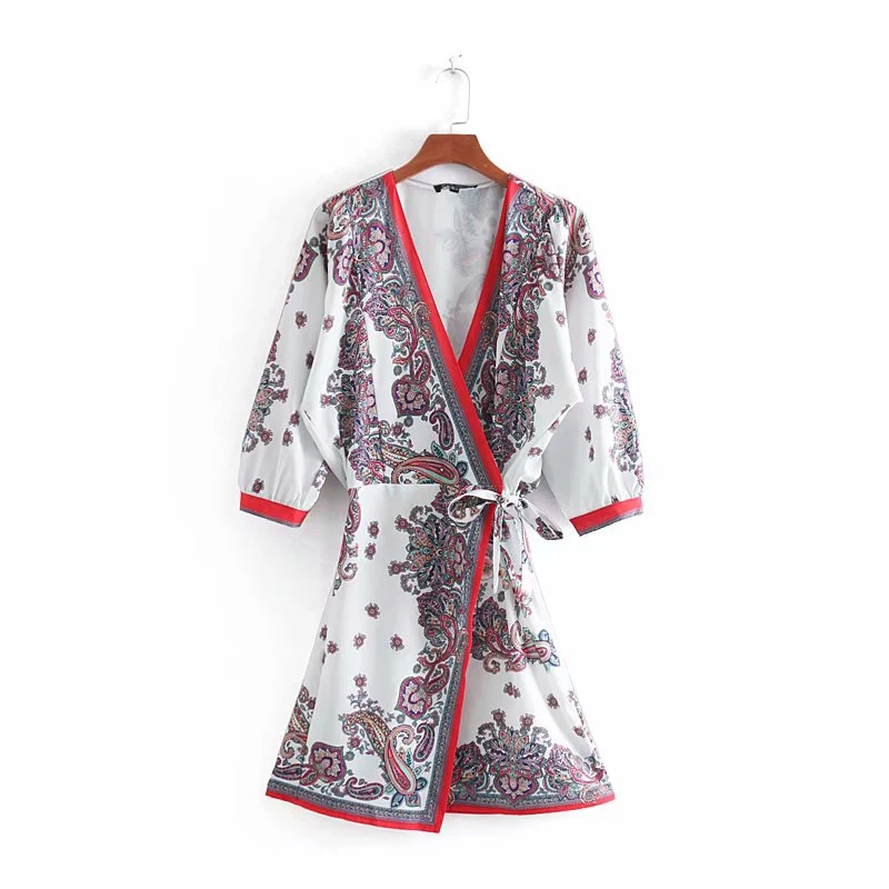 Women's Clothing Dress 2019 Polyester V-Neck Printed Bow Tie Dress Ms Summer Street Slim Fit Stylish Temperament Clothing