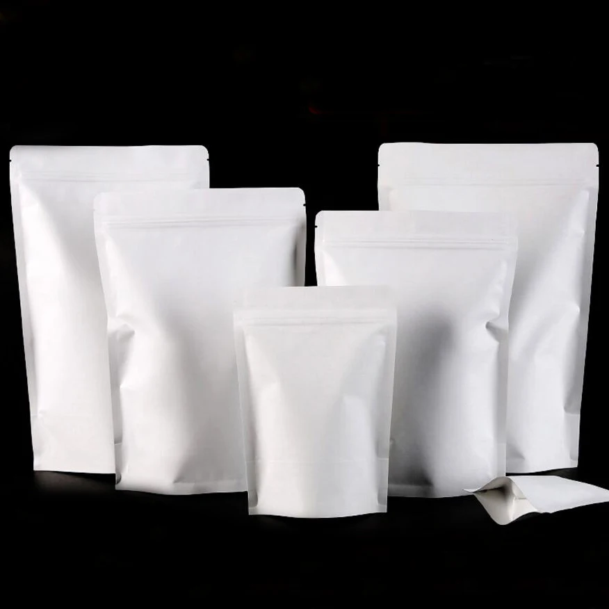 

100 Pcs White Stand up kraft Paper Bag with Matte Window and Zipper for food, Paper Ziplock Food Snack Nuts Storage Bags Pouch