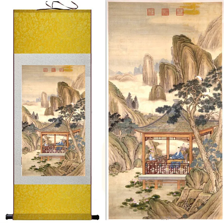 Chinese Silk Scroll Painting Landscape Home Office Decoration 桃源仙境 