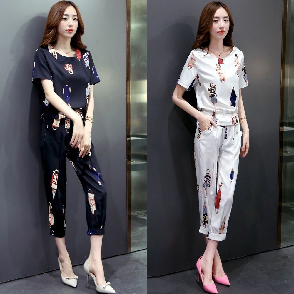 

Women Set 2 Pieces Summer Lady Tops Women's Casual Suits Short Sleeve T-shirt Top + Capris Pants Cropped Trousers Two-piece Suit