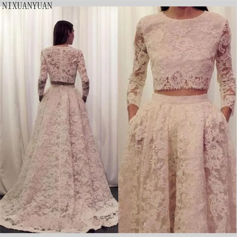 

Vestidos De Novia 2019 Vintage Two 2 Piece Lace Arabic Wedding Dress with Pocket Long Sleeve Scoop Zipper Back Wedding Gown