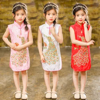 

New Year 2020 Party Dresses For Girls Children Wedding Qipao Child Summer Clothing Sexy Girl Princess Peacock Embroidery Dress