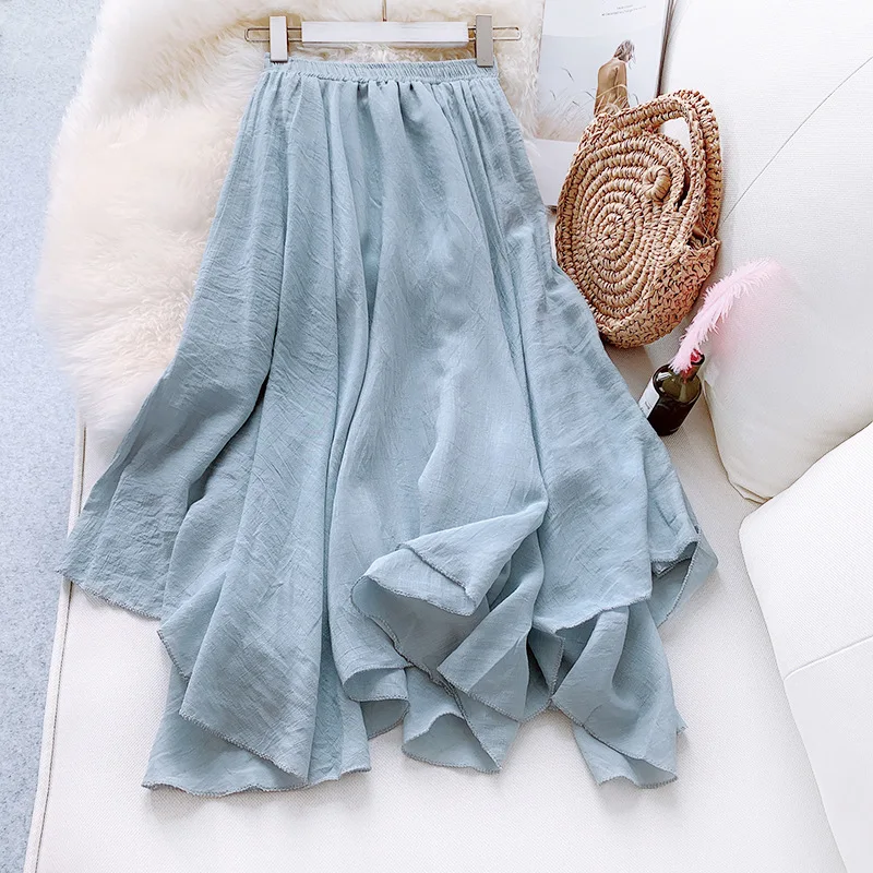 Женская элегантная Однотонная юбка миди в Корейском стиле с высокой талией, плиссированные юбки из хлопка и льна, летние юбки Saias, SK344 - Цвет: gray blue