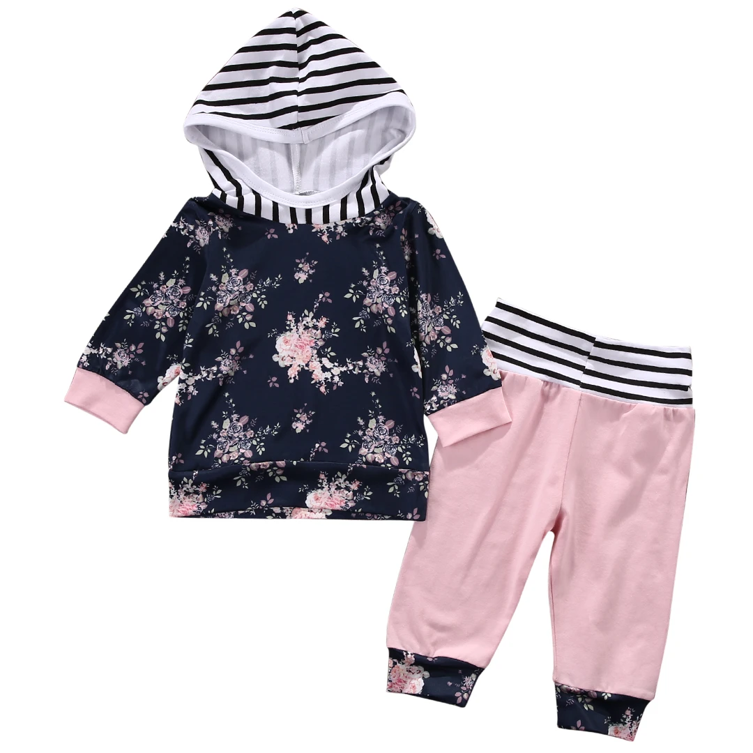 

Floral 2 Pcs Baby Girl Hooded Clothing Set Infant Babies Girl Hoodie Flower Tops+Pink Pants 2pcs Outfits Clothes Set