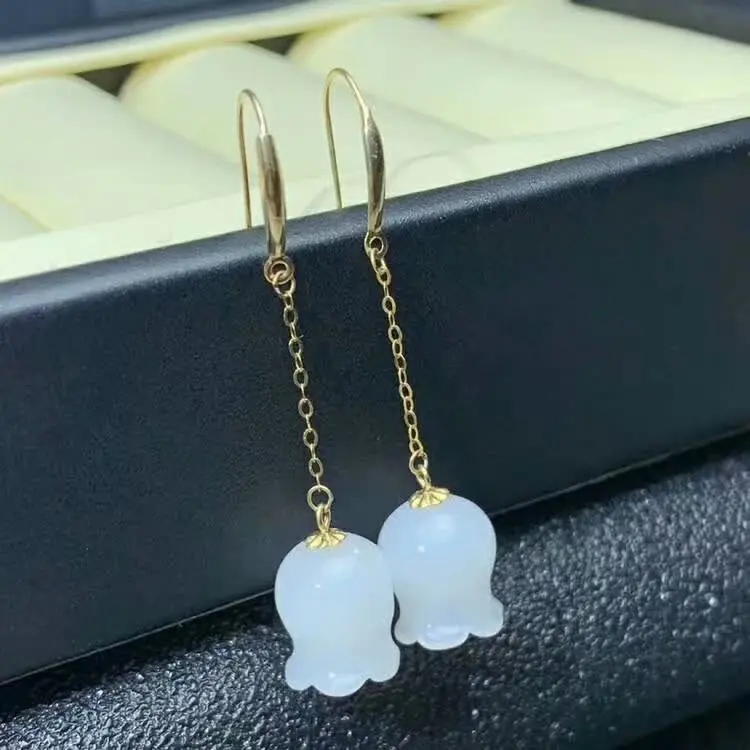 

SHILOVEM 18k yellow gold real Natural white Jasper drop earrings classic fine Jewelry women wedding gift new plant myme8.51099hb