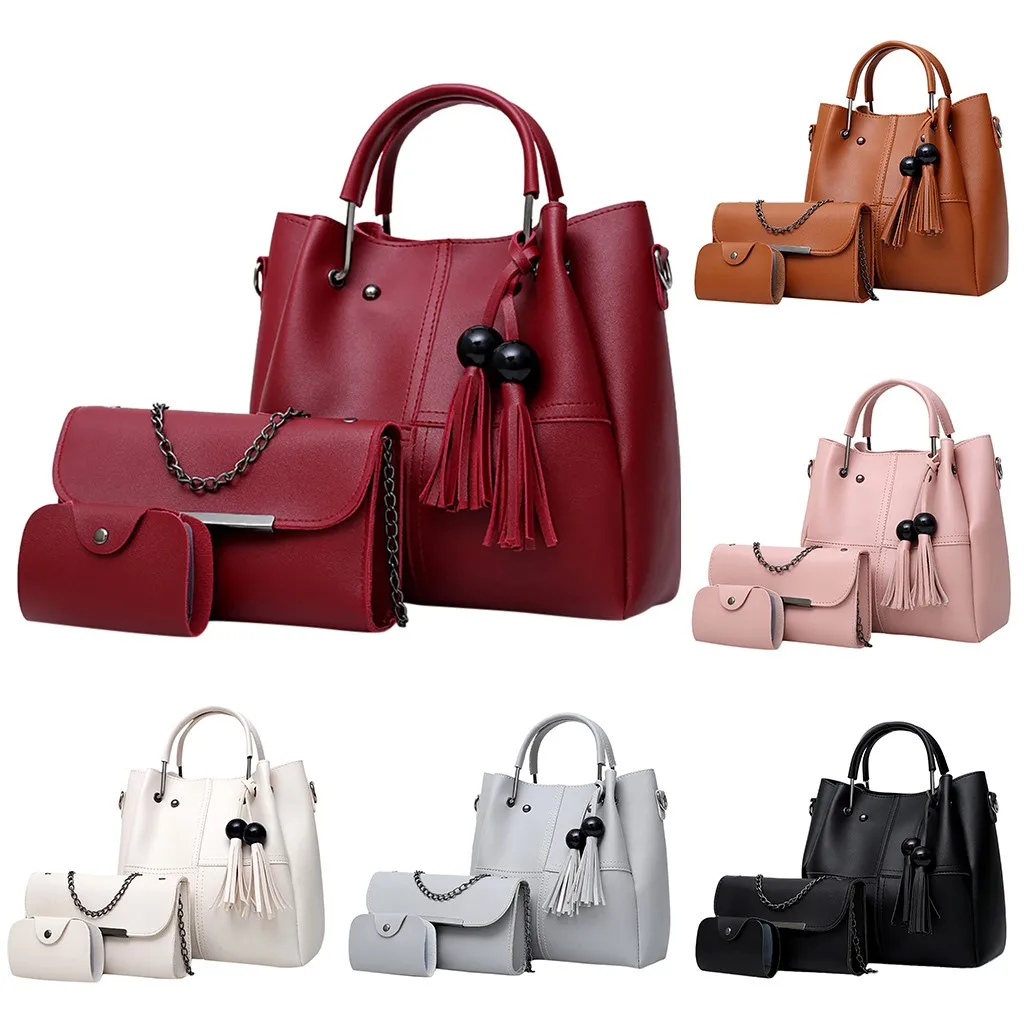 

3PC women's ladies fashion wild solid color tassel shoulder handbag wallet card Messenger bag handbag leather texture