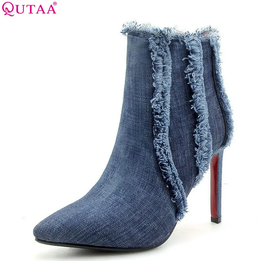 

QUTAA 2019 Women Ankle Boots Denim Fashion Women Shoes Thin High Heel Platform Winter Shoes Women Ankle Boots Big Size 34-43