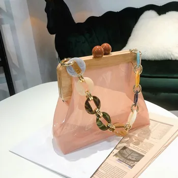 

Jelly Transparent Wooden Lady Hand Bag with Circular Ring Handle Chain Crossbody Bag for Women