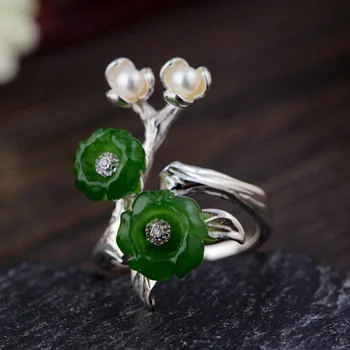 

Authentic 925 Sterling Silver Ring Flower Rings For Women Natural Jade And Pearl Opening Type Fine Jewellery Anello Donna