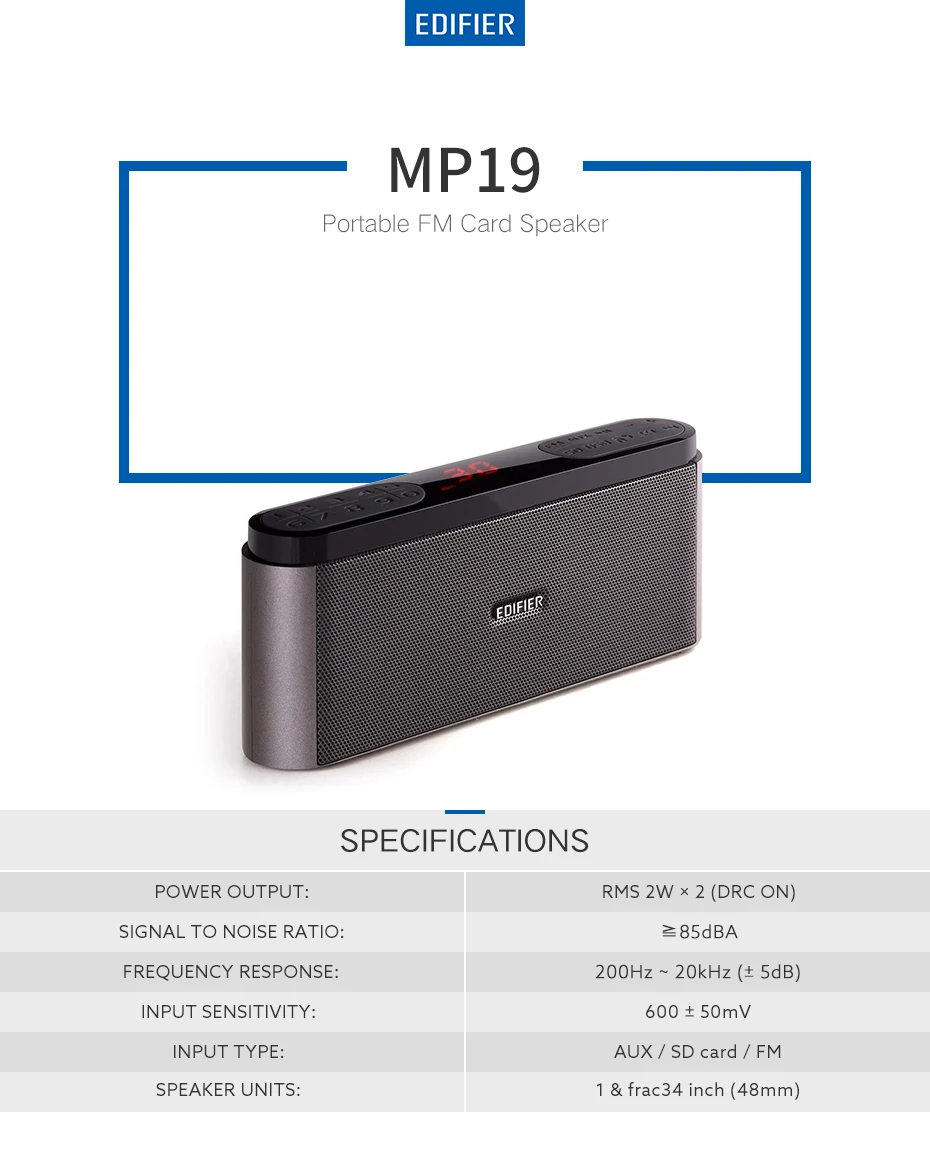 EDIFIER MP19 Мини Портативный Bluet динамик s с fm-радио светодиодный дисплей динамик Micro-SD карта MP3-плеер с функцией повтора