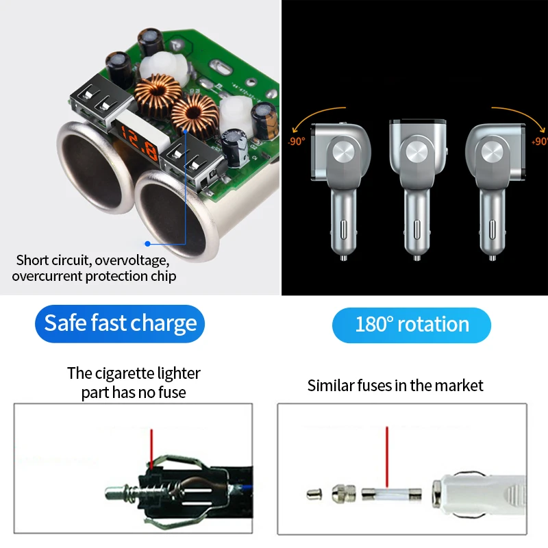 12 V-24 V автомобильный прикуриватель Зарядное устройство QC 3,0 с 2 портами(стандарт зарядки разветвитель Напряжение Дисплей независимый переключатель 180 градусов Поворот для авто