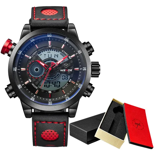 

WEIDE luxury Genuine Leather Watch Luxury Brand Sport Quartz-Watch Black Dial LCD Analog-Digital Display Causal Clock / WH3401