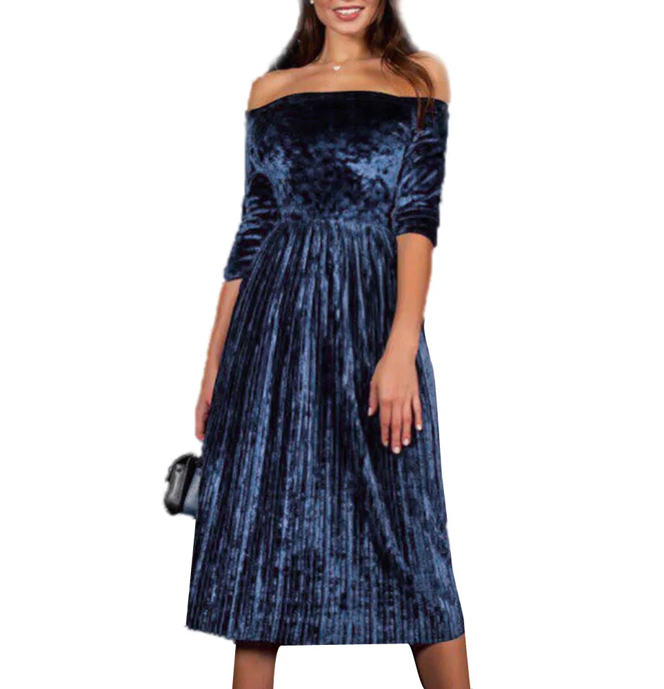 

JAYCOSIN Women's Velvet Dresses Off-Shoulder Casual Mid Sleeve Evening Party Long Dresses Women's Clothes Dropship Z0402