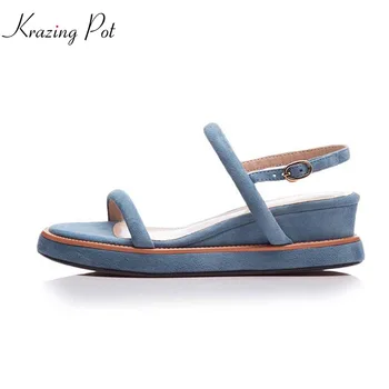 

Krazing Pot concise new 2020 sheep suede metal fastener ankle strap med heels wedges summer sweet women sandals brand shoes L03