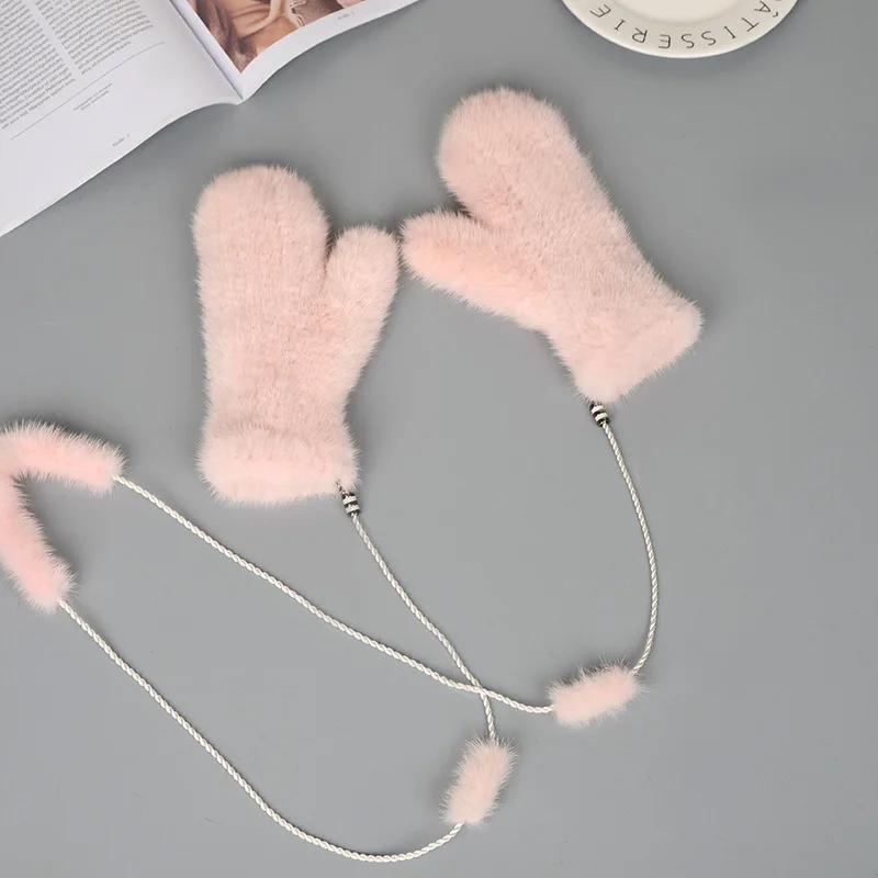 Mink Fur Orange Gloves Women Winter New Korean Version Of The Warm Cute Female Suede Weaving Fingers Fur Gloves - Цвет: light pink