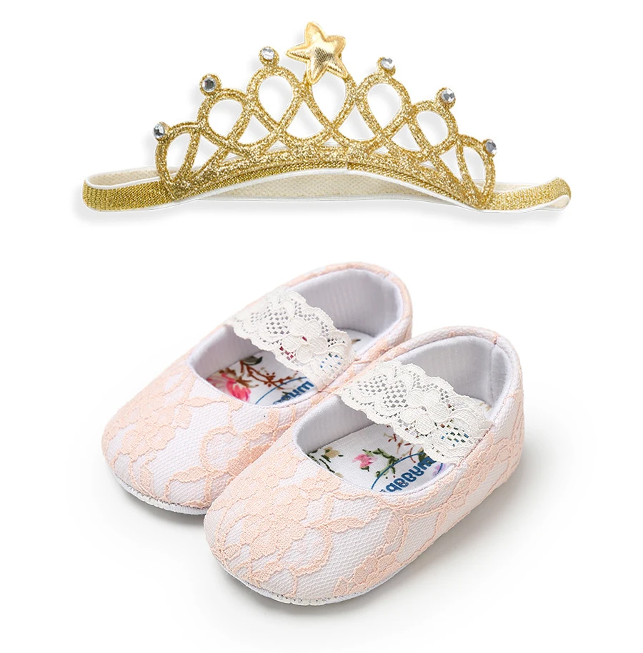 Princess Baby Girls Dress Shoes and Crown Headband Soft Sole Girls Party Shoes Newborn Toddler Girl Non-slip Indoor Moccasins