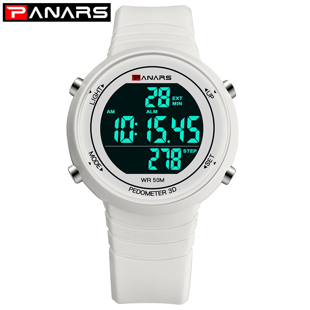 Роскошные мужские спортивные часы PANARS, 50 м, водонепроницаемые мужские цифровые часы, модные спортивные часы, белые, черные, relogios digitais - Цвет: Белый
